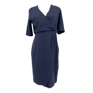 Hobbes navy crossover ruched business short sleeved knee length wrap dress (US8)